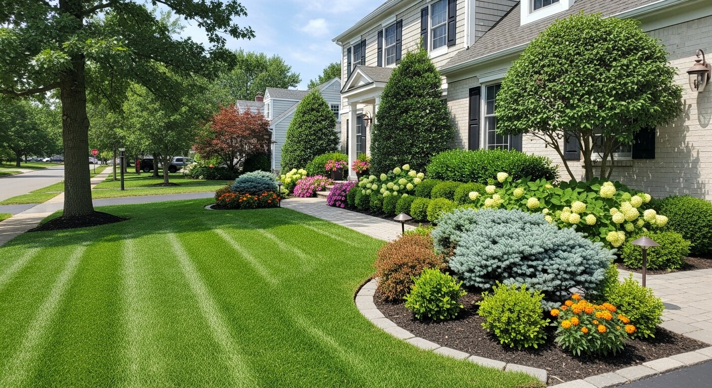 Suburban neighborhood with manicured lawns